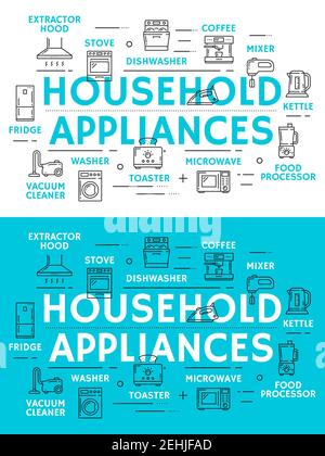Home appliances thin line banner with household equipment and kitchenware icon. Coffee machine, refrigerator and microwave, stove, toaster and vacuum Stock Vector