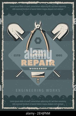 Engineering and repair works vintage poster of repairman tools and instruments. Vector retro design with spades, home renovation and stucco spatula an Stock Vector