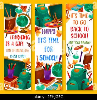 Welcome Back to School or learning season banners of stationery book, pencil or ruler and globe map or paint brush. Vector school bag, calculator and Stock Vector