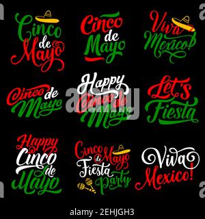Cinco de Mayo hand drawn calligraphy lettering for mexican holiday greeting card. Cinco de Mayo fiesta party greetings with sombrero and maracas for P Stock Vector