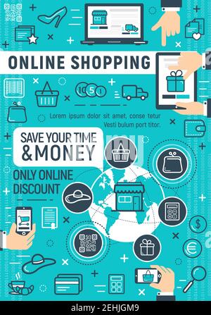 Online shopping poster for internet discount store and payment technology. Vector credit card for customer buy and pay service in computer or smartpho Stock Vector