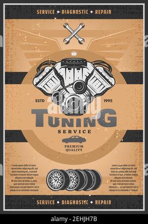 Motor vehicle tuning service retro grunge banner for car diagnostic and repair service. Gasoline engine part, wheel and spanner or wrench vintage rust Stock Vector