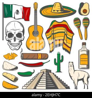 Cinco de Mayo fiesta celebration icons of tequila, jalapeno pepper or cactus and sombrero. Vector traditional Cinco de Mayo Mexican holiday burrito an Stock Vector