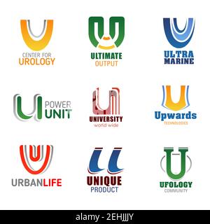 Letter U icons for design in urology medicine, energy and power industry or university education and ufology science. Vector letter U symbols for busi Stock Vector