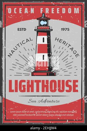 Lighthouse retro poster for safe sailing or seafarer and nautical adventure. Vector vintage design of marine light beacon for sailor ship navigation i Stock Vector