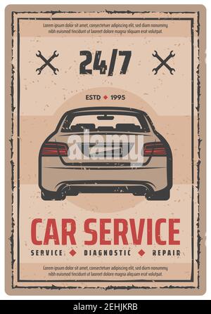 Car service retro poster for auto repair and vehicle diagnostics service. Sedan car vintage banner with spanner or wrench for garage, engine tuning st Stock Vector