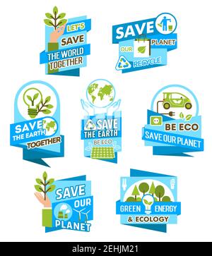 Save Earth icon for ecology and environment protection design. Eco planet globe in hands with green tree, leaf plant, wind turbine and solar panel, re Stock Vector