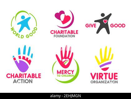 Charity icons of people red heart and helping hand for mercy and donation organization. Vector symbols for volunteering action company or blood donor Stock Vector