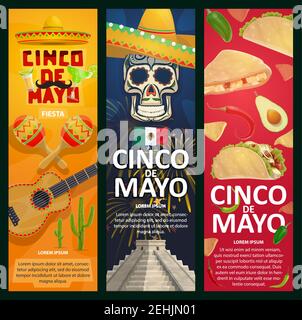 Viva Mexico vector banners with Mexican fiesta party food and chilli ...
