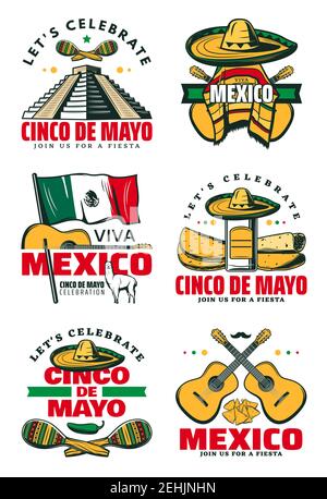 Mexican holiday symbol for Cinco de Mayo fiesta party design. Viva Mexico sketch set with sombrero hat, chili pepper and jalapeno, maracas, guitar and Stock Vector