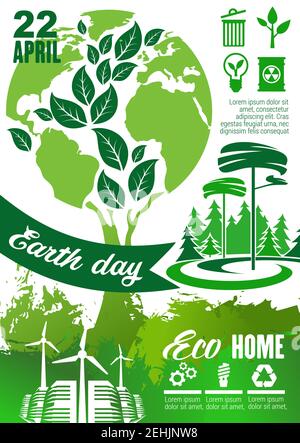 Happy Earth Day holiday greeting poster. Eco green planet in shape of tree crown with leaf and world map banner, supplemented with green energy wind t Stock Vector