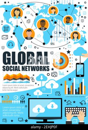 Global social network communication, infographic diagrams. Vector social nets statistics on world map user profiles flowchart for chat and file sharin Stock Vector