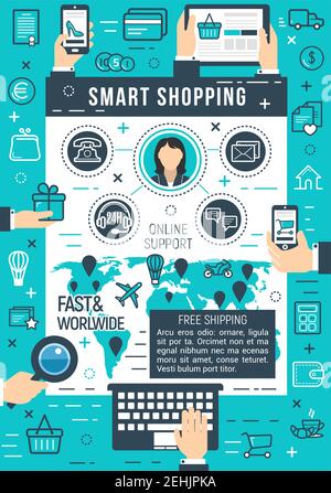 Online smart shopping or internet store service on global fast delivery. Vector poster of costumer buy and pay technology for credit card transaction Stock Vector