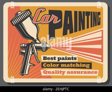 Car painting service retro poster for garage station or mechanics repair. Vector vintage design of paint jet sprayer or pulverizer for automobile colo Stock Vector