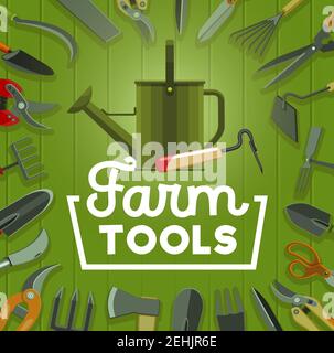 Farm tools, farming and agriculture vector theme design. Gardener equipment with frame border of shovel, rake and watering can, spade, fork and pitchf Stock Vector