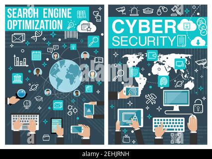 Search engine optimization or SEO and internet cyber security poster. Vector design of online technology for web cloud, secure user file sharing and g Stock Vector