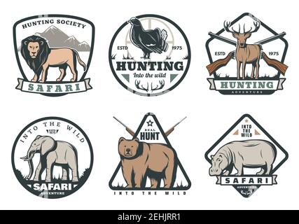 African safari hunting retro labels of animal and bird with target. Wild deer, bear and elephant, lion, hippo and reindeer old vintage badges design w Stock Vector