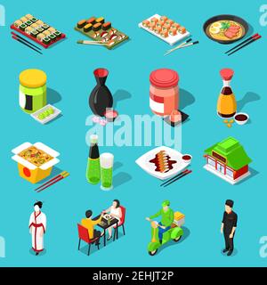 Sushi bar isometric icons with roll sashimi, wasabi sauces shadow drinks elements of japan culture isolated vector illustration Stock Vector