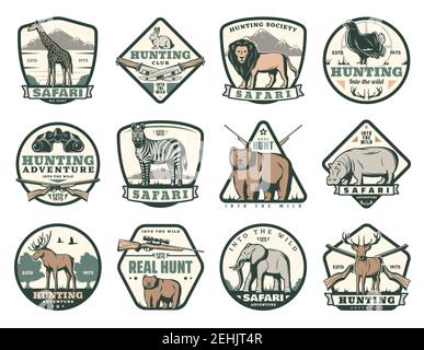 Hunting club or hunter society icons of wild animals and birds, hunt ...