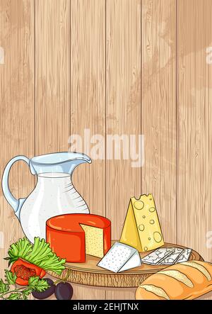 Vector still life with various types of cheese, milk and vegetables on a wooden background. Template for poster, banner, postcard, menu or other Stock Vector