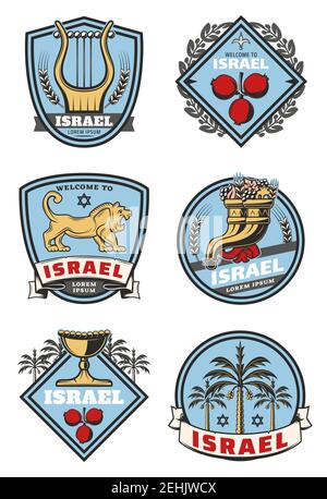 Israel travel and culture icons of traditional Jewish symbols. Vector heraldic set of Judaism religion David star, Torah book or Shofar horn and holy Stock Vector