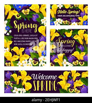 Springtime flowers and wish quotes banners and posters. Vector floral design of blooming orchids, calla lily and crocuses bouquets for spring time sea Stock Vector
