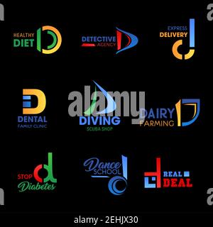 Business identity icons with letter D. Food, health and medicine, sport, delivery and farming company branding design. Modern corporate identity, busi Stock Vector