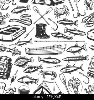 Fish and fishing gear monochrome seamless pattern. Inflatable and wooden boats, rod, hook, boots and backpack, bait and tent. Vector scad, mackerel an Stock Vector