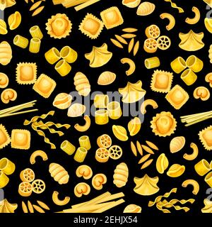 Pasta shape of italian food seamless pattern background. Pasta, spaghetti and macaroni, penne, rigatoni and fusilli, ravioli, fettuccine and gnocchi, Stock Vector