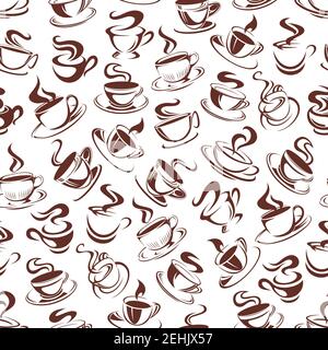 Coffee cups seamless pattern background of hot coffee steam and mug on plates. Vector brown icons of steamy americano, espresso or cappuccino and choc Stock Vector
