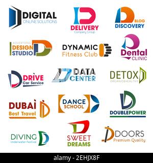 D letter icons and symbols, vector. Digital technology and delivery service, discovery and design studio, fitness, dental care and data center, doors Stock Vector