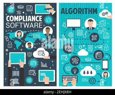 Business process algorithm and compliance software banner set for information technology concept. Computer and mobile application development for conf Stock Vector