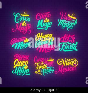 Cinco de Mayo neon lettering set of mexican holiday. Happy Cinco de Mayo and Viva Mexico hand drawn calligraphy sign with sombrero hat and maracas for Stock Vector