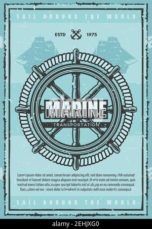 Marine transportation, big wooden helm and strong rope. Large old ship silhouettes on nautical leaflet. Sail around world unforgettable voyage vector Stock Vector