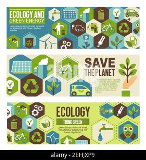 Ecology and green energy eco banner template. Word environment protection concept poster with flat symbol of recycle, wind turbine and solar panel, gr Stock Vector