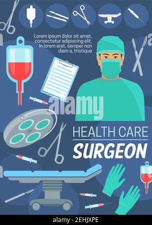 Surgeon doctor and health care. Vector medical equipment, blood pack, surgery operation table, gloves and metal tools, scalpel and lamp, sterile syrin Stock Vector