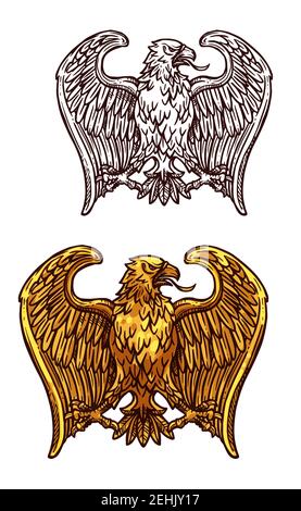Golden eagle heraldic bird. Gold insignia of eagle, hawk or falcon with open wing and sharp feather isolated icon. Tattoo, medieval coat of arms or he Stock Vector