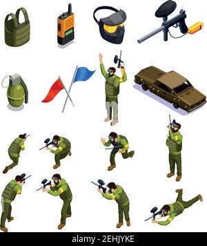 Paintball isometric icons collection with isolated fighter characters in uniform armour helmet shield and other equipment vector illustration Stock Vector