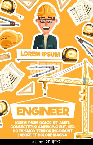 Construction engineer profession banner with architect and building equipment. Construction worker with technician project, ruler and drawing compass, Stock Vector