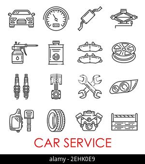 Car service thin line art icons for auto mechanics and repair. Vector automobile spare parts of brakes, engine valves and exhaust pipe, tire wheels an Stock Vector