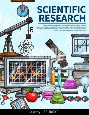 Scientific research poster with chemistry, biology and physics laboratory equipment. Test tube, flask and microscope, book, computer and light bulb, D Stock Vector