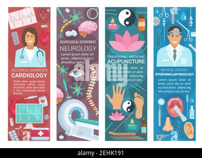 Cardiology, neurology or acupuncture and otorhinolaryngology medicine banners. Vector cardiologist, neurologist or otolaryngology doctors and medical Stock Vector