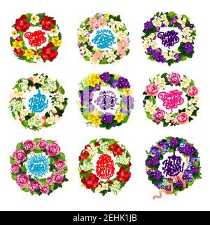 Happy Easter holiday icons of spring flowers bunches and crucifix cross for Christian traditional religious celebration. Vector blooming crocus, tulip Stock Vector