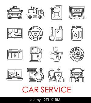 Car service thin line art icons. Vector isolated set of taxi car, wrecker truck or petrol canister and auto wash, navigation map and steering wheel, a Stock Vector
