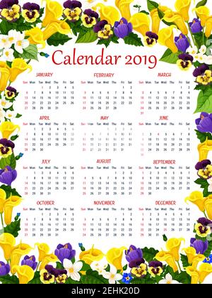 Calendar template in spring flower frame. 2019 year calendar or floral planner, decorated with blooming crocus, jasmine, calla lily and garden pansy f Stock Vector