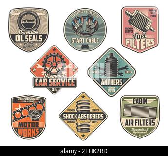 Car repairing vector retro heraldry icons. Oil seals and start cable, fuel filter and anthers, motor works, shock absorber, cabin air filters symbols. Stock Vector