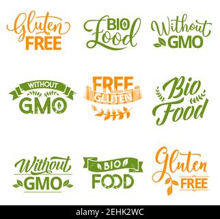 Bio, organic, gluten and GMO free natural food lettering calligraphy. Healthy product green and orange hand drawn labels with leaves and ribbon banner Stock Vector