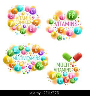 Vitamin and multivitamin complex posters for healthy life and dietary supplements package design. Vector vitamin capsules and mineral pills for pharma Stock Vector
