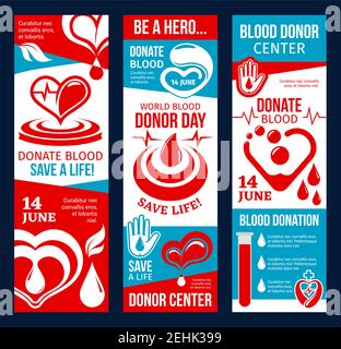 Blood donor medical center banner for World Blood Donor Day design. Red heart, helping hand and transfusion laboratory test tube with drop of blood an Stock Vector