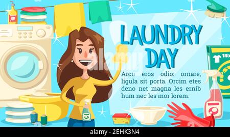 Housewife doing laundry and household chores poster. Woman cleaning window, washing machine and basin, detergent and clean bowl, clothes on line, brus Stock Vector